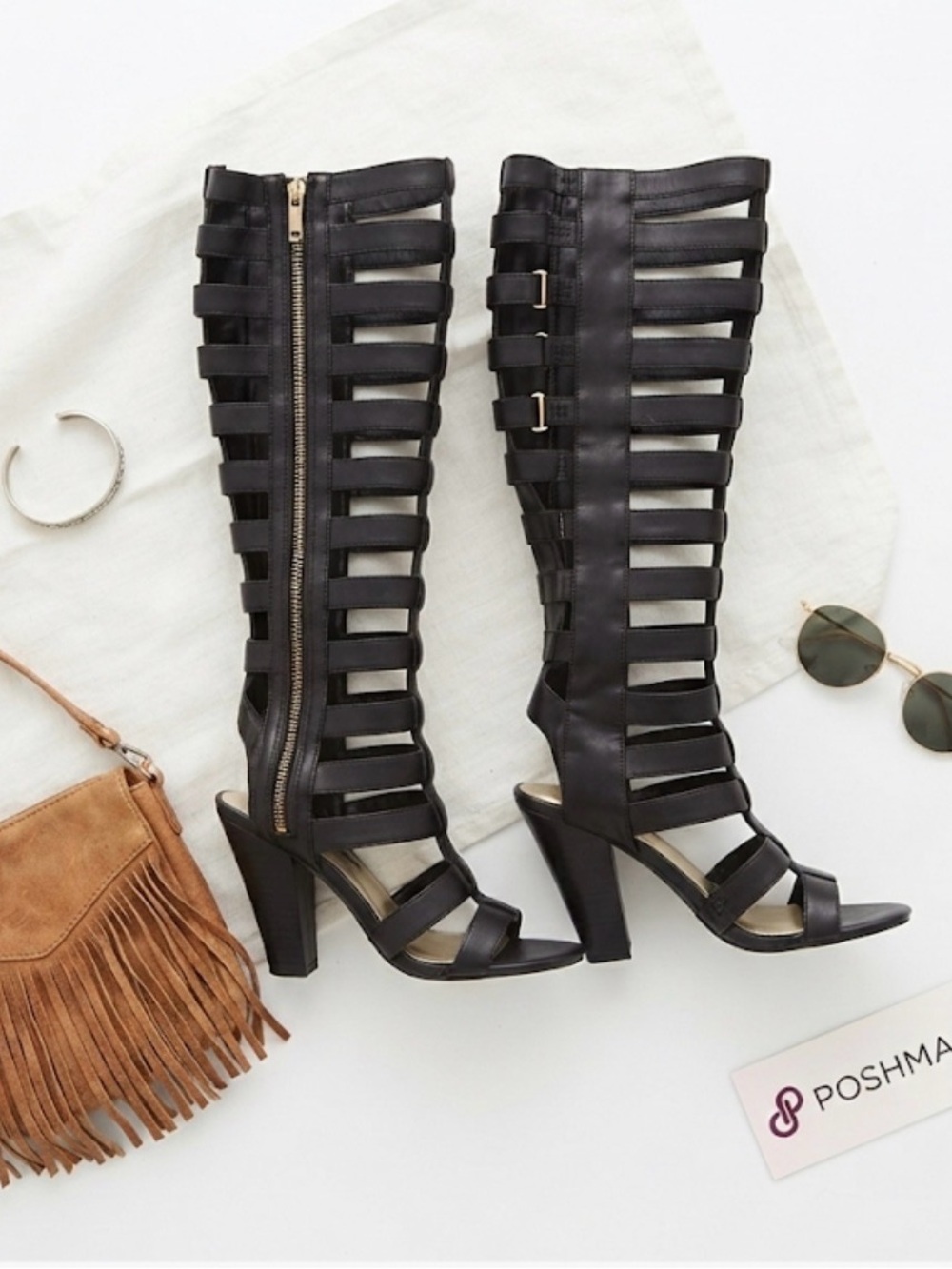 Michael Antonio Black Strappy Knee-High Gladiator Heeled Boots